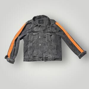 ZARA Distressed Denim Jacket with Orange Stripes - Size XL
